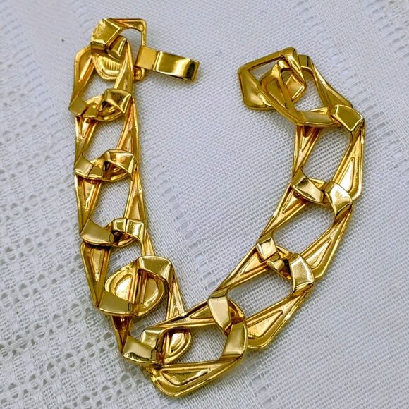 Chunky 1980s block black & gold tone necklace with matching bracelet - Picture 9 of 12